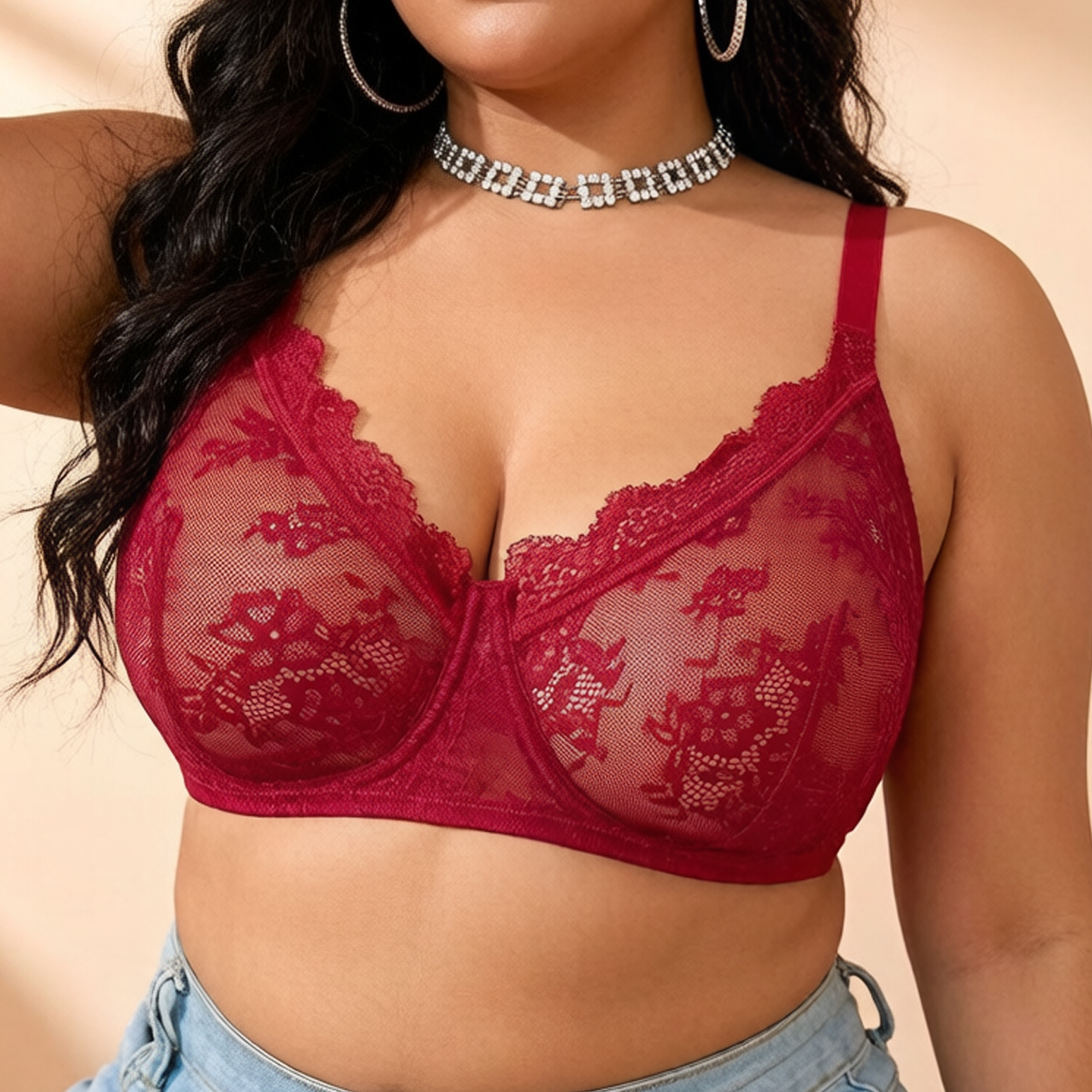 Sheer Mesh Bra - Women Plus Size Red Lace Sheer