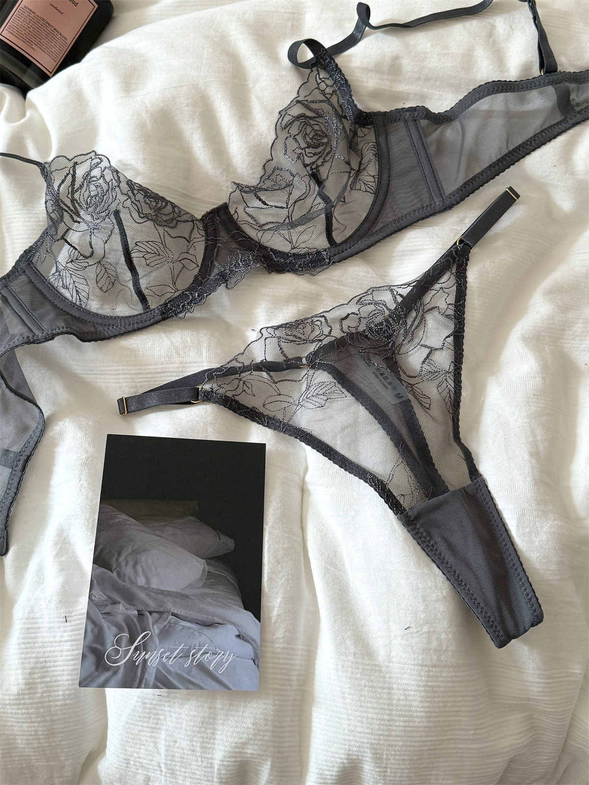 Cotton Bra Everyday - Lace embroidered flowers mesh lingerie briefs