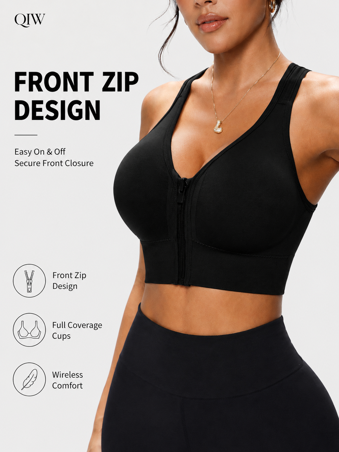 Underwire Bra Padded - QIW Women's Zip Front Solid Color
