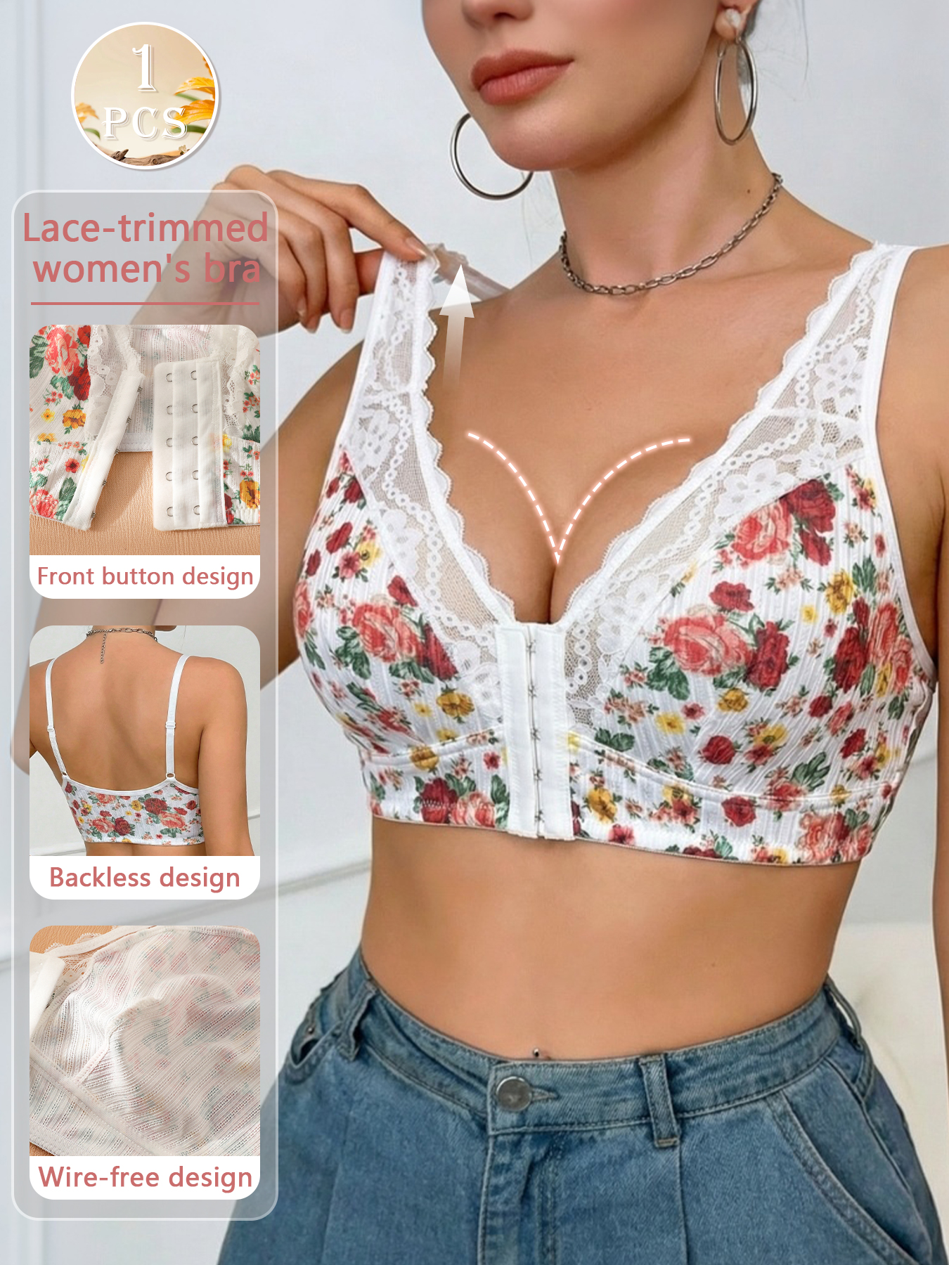 Wirefree Bra Comfort - 1pc Women's Floral Print Wireless Bra,