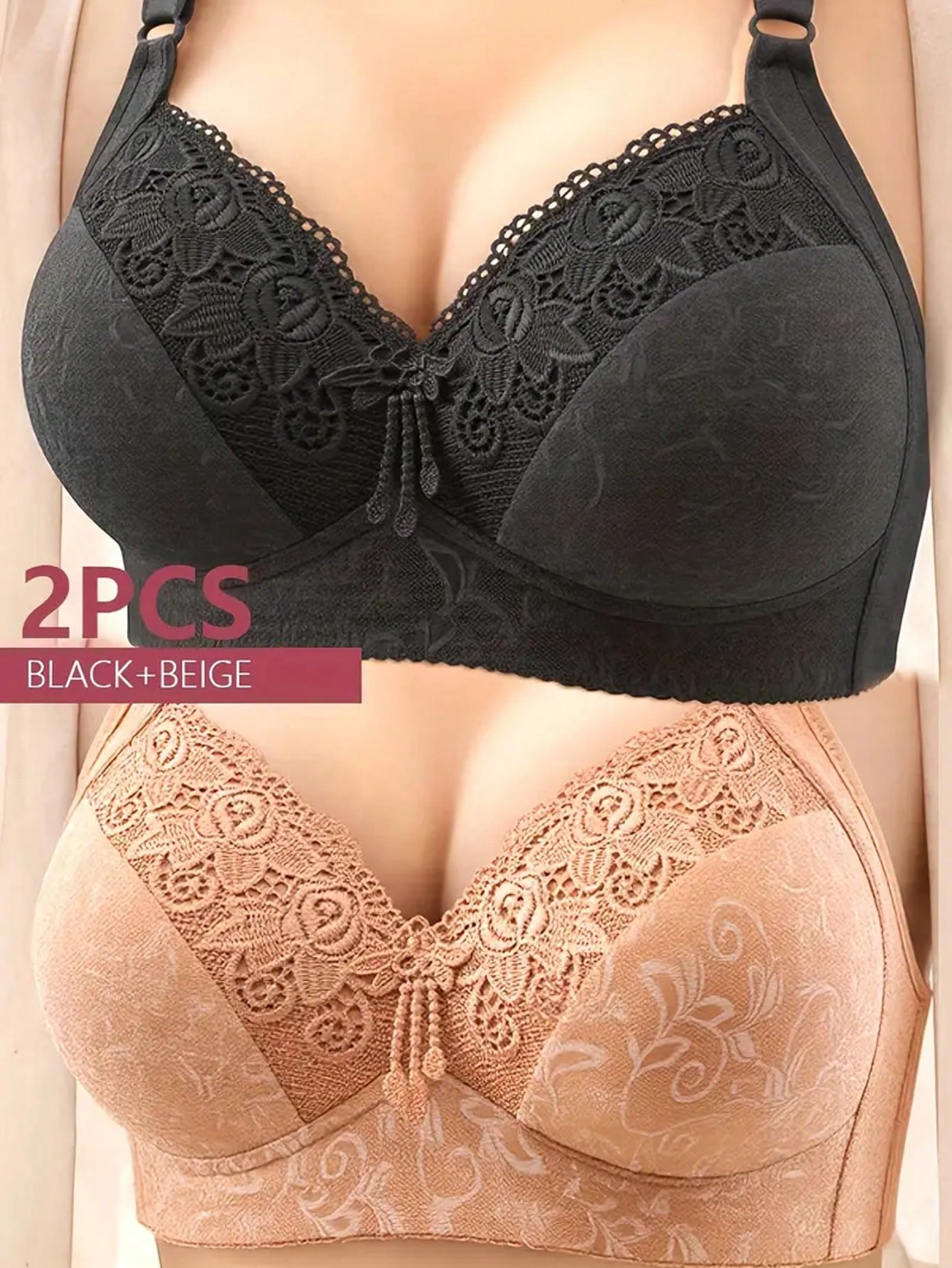 Full Coverage Bra - 2Pcs 3/4 Cup Lace Bra, Wireless